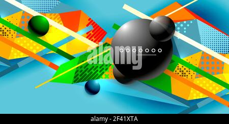 Abstract geometric poster created with polygonal triangle elements, lines, spheres, material textures, holographic elements. Abstract geometric poster created with polygonal triangle elements, lines, spheres, material textures, holographic elements. Vector modern abstract background Stock Vector