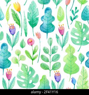 Watercolor floral seamless pattern with flowers and green leaves. Hand drawn nature background Stock Photo