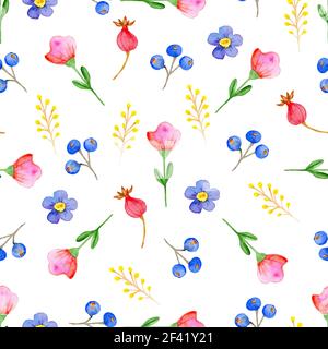 Watercolor autumn floral seamless pattern with pink and violet flowers. Hand drawn nature background Stock Photo