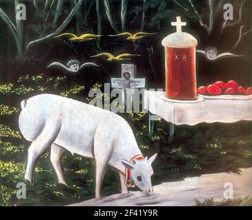 Niko Pirosmani - Lamb Easter Table with Flying Angels Stock Photo