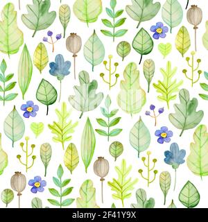 Watercolor autumn floral seamless pattern with flowers and green leaves. Hand drawn nature background Stock Photo