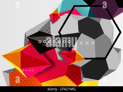 Color 3d geometric composition poster. Color 3d geometric composition poster. Vector illustration of colorful triangles, pyramids, hexagons and other shapes on grey background Stock Vector