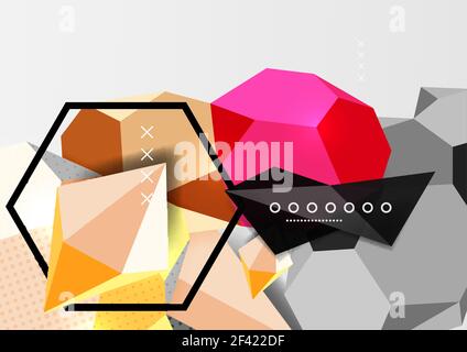 Color 3d geometric composition poster. Color 3d geometric composition poster. Vector illustration of colorful triangles, pyramids, hexagons and other shapes on grey background Stock Vector