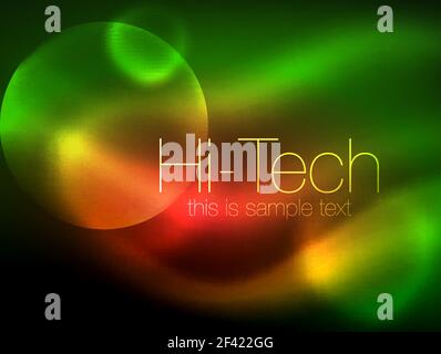 Blurred neon glowing circle, hi-tech modern bubble template, techno glowing glass round shapes or spheres. Geometric abstract background. Blurred neon glowing circle, hi-tech modern bubble template, techno glowing glass round shapes or spheres. Geometric abstract background. Vector illustration Stock Vector