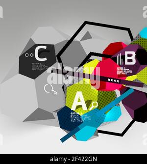 3d hexagon geometric composition, geometric digital abstract background. 3d hexagon geometric composition, geometric digital abstract background. Techno or business presentation template with sample options. Vector illustration Stock Vector