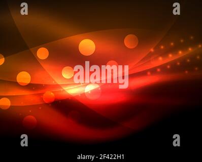 Neon wave background with light effects, curvy lines with glittering and shiny dots, glowing colors in darkness, magic energy. Neon wave background with light effects, curvy lines with glittering and shiny dots, glowing colors in darkness, vector magic energy illustration Stock Vector