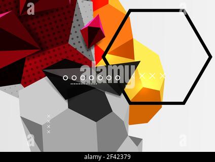 Color 3d geometric composition poster. Color 3d geometric composition poster. Vector illustration of colorful triangles, pyramids, hexagons and other shapes on grey background Stock Vector