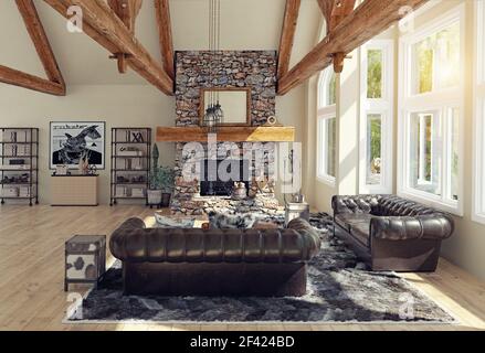 modern luxury house interior. 3d rendering design Stock Photo