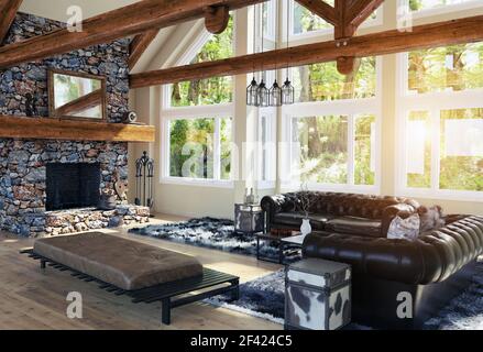 modern luxury house interior. 3d rendering design Stock Photo