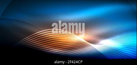 Glowing abstract wave on dark, shiny motion, magic space light. Techno abstract background. Glowing abstract wave on dark, shiny motion, magic space light. Vector techno abstract background Stock Vector