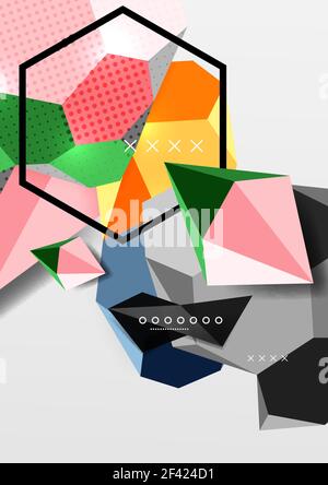Color 3d geometric composition poster. Color 3d geometric composition poster. Vector illustration of colorful triangles, pyramids, hexagons and other shapes on grey background Stock Vector