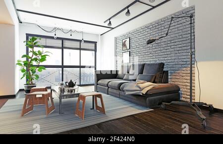 modern loft interior living room. 3d rendering design concept Stock Photo