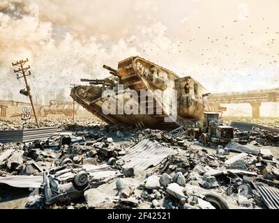 futuristic war scene with monster tank. 3d rendering digital art Stock Photo