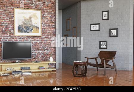 modern loft design living room interior. 3d illustration concept Stock Photo