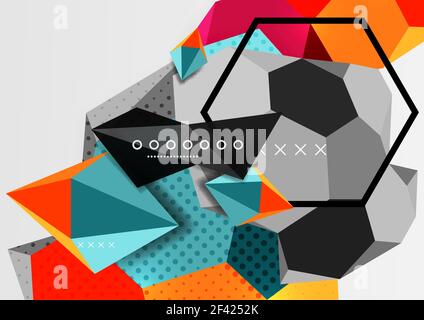 Color 3d geometric composition poster. Color 3d geometric composition poster. Vector illustration of colorful triangles, pyramids, hexagons and other shapes on grey background Stock Vector