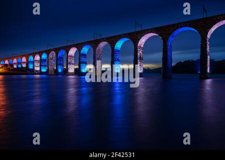 The Royal Border Bridge carrying the east coast railway line across the River Tweed at Berwick just south of the Scottish border. Berwick upon Tweed Stock Photo