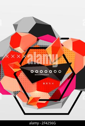 Color 3d geometric composition poster. Color 3d geometric composition poster. Vector illustration of colorful triangles, pyramids, hexagons and other shapes on grey background Stock Vector