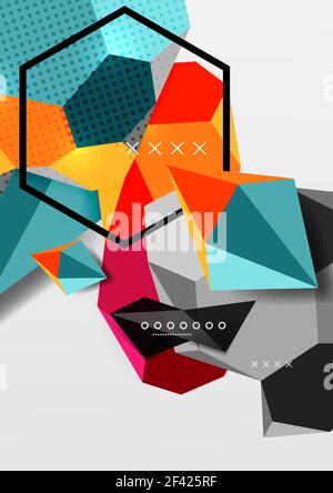 Color 3d geometric composition poster. Color 3d geometric composition poster. Vector illustration of colorful triangles, pyramids, hexagons and other shapes on grey background Stock Vector