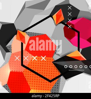 Color 3d geometric composition poster. Color 3d geometric composition poster. Vector illustration of colorful triangles, pyramids, hexagons and other shapes on grey background Stock Vector