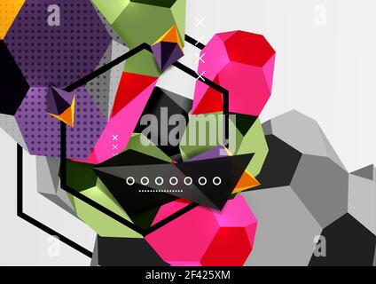 Color 3d geometric composition poster. Color 3d geometric composition poster. Vector illustration of colorful triangles, pyramids, hexagons and other shapes on grey background Stock Vector