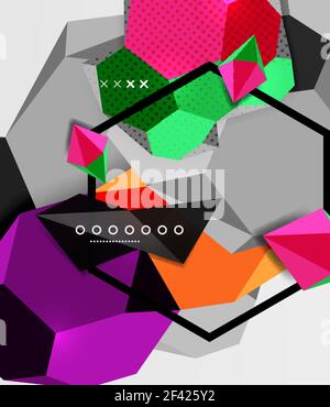 Color 3d geometric composition poster. Color 3d geometric composition poster. Vector illustration of colorful triangles, pyramids, hexagons and other shapes on grey background Stock Vector
