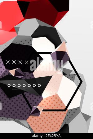 Color 3d geometric composition poster. Color 3d geometric composition poster. Vector illustration of colorful triangles, pyramids, hexagons and other shapes on grey background Stock Vector