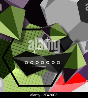 Color 3d geometric composition poster. Color 3d geometric composition poster. Vector illustration of colorful triangles, pyramids, hexagons and other shapes on grey background Stock Vector
