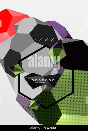 Color 3d geometric composition poster. Color 3d geometric composition poster. Vector illustration of colorful triangles, pyramids, hexagons and other shapes on grey background Stock Vector