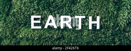 Inscription Earth on moss, green grass background. Top view. Copy space. Banner. Biophilia concept. Nature backdrop. Earth Day, April 2. Save planet Stock Photo