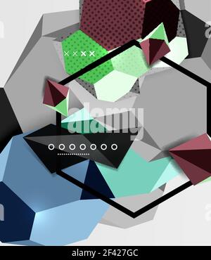 Color 3d geometric composition poster. Color 3d geometric composition poster. Vector illustration of colorful triangles, pyramids, hexagons and other shapes on grey background Stock Vector
