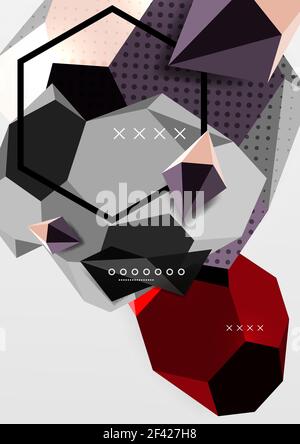 Color 3d geometric composition poster. Color 3d geometric composition poster. Vector illustration of colorful triangles, pyramids, hexagons and other shapes on grey background Stock Vector