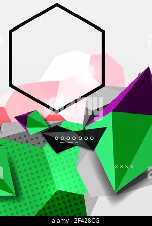 Color 3d geometric composition poster. Color 3d geometric composition poster. Vector illustration of colorful triangles, pyramids, hexagons and other shapes on grey background Stock Vector