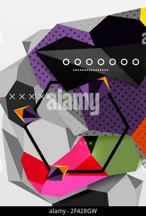 Color 3d geometric composition poster. Color 3d geometric composition poster. Vector illustration of colorful triangles, pyramids, hexagons and other shapes on grey background Stock Vector
