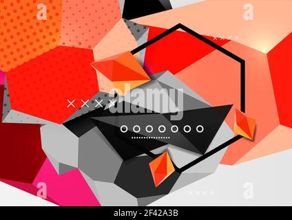 Color 3d geometric composition poster. Color 3d geometric composition poster. Vector illustration of colorful triangles, pyramids, hexagons and other shapes on grey background Stock Vector