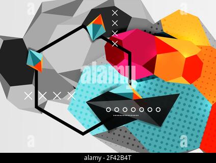 Color 3d geometric composition poster. Color 3d geometric composition poster. Vector illustration of colorful triangles, pyramids, hexagons and other shapes on grey background Stock Vector