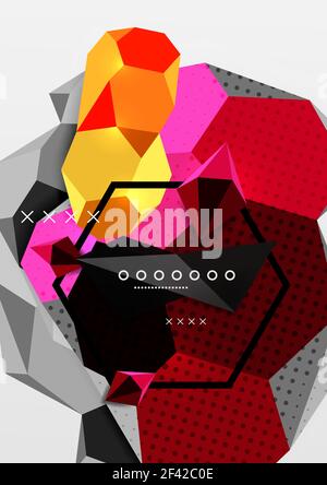 Color 3d geometric composition poster. Color 3d geometric composition poster. Vector illustration of colorful triangles, pyramids, hexagons and other shapes on grey background Stock Vector