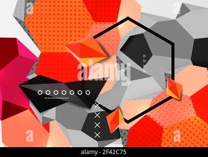 Color 3d geometric composition poster. Color 3d geometric composition poster. Vector illustration of colorful triangles, pyramids, hexagons and other shapes on grey background Stock Vector