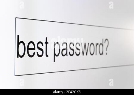 Search bar on a computer monitor with the question Best password. Searching for information on the Internet, close up. Stock Photo