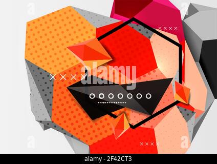 Color 3d geometric composition poster. Color 3d geometric composition poster. Vector illustration of colorful triangles, pyramids, hexagons and other shapes on grey background Stock Vector