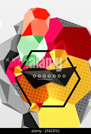 Color 3d geometric composition poster. Color 3d geometric composition poster. Vector illustration of colorful triangles, pyramids, hexagons and other shapes on grey background Stock Vector