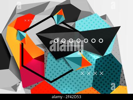 Color 3d geometric composition poster. Color 3d geometric composition poster. Vector illustration of colorful triangles, pyramids, hexagons and other shapes on grey background Stock Vector