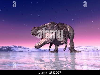 tyrannosaurus rex is running on ice age, 3d illustration Stock Photo - Alamy