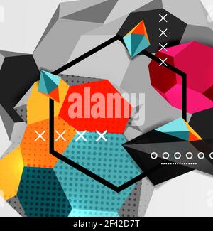 Color 3d geometric composition poster. Color 3d geometric composition poster. Vector illustration of colorful triangles, pyramids, hexagons and other shapes on grey background Stock Vector