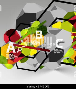 3d hexagon geometric composition, geometric digital abstract background. 3d hexagon geometric composition, geometric digital abstract background. Techno or business presentation template with sample options. Vector illustration Stock Vector