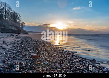 sunset on the sea shore with trees and stones and sunshine in the calm sea water Stock Photo