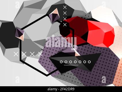 Color 3d geometric composition poster. Color 3d geometric composition poster. Vector illustration of colorful triangles, pyramids, hexagons and other shapes on grey background Stock Vector