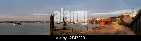 SOUTHEND-ON-SEA, ESSEX, UK - OCTOBER 16, 2010:  Panorama view of trawlers moored on the quay at Old Leigh Stock Photo