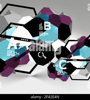 3d hexagon geometric composition, geometric digital abstract background. 3d hexagon geometric composition, geometric digital abstract background. Techno or business presentation template with sample options. Vector illustration Stock Vector