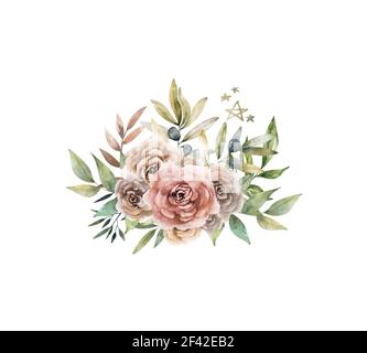 Hand drawn watercolor bouquet with red, white and blue roses, peony and lilac flowers and green leaves. Isolated on white background for wedding Stock Photo