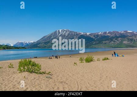 Canada, Yukon, Carcross, Bennett Lake, beach, families Stock Photo
